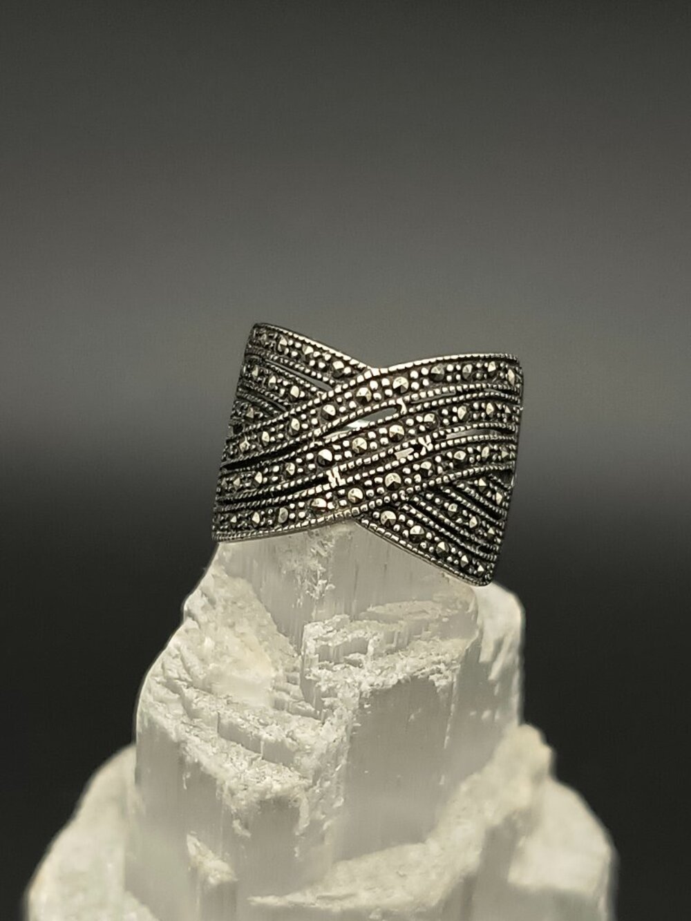 Vintage 925 Silver Marcasite Wide Band Ring